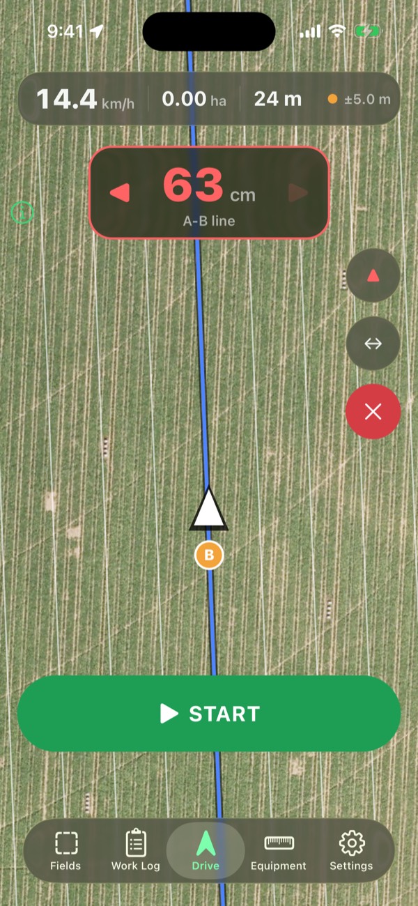 FarmMap guiding along an A-B line over satellite imagery, with the lightbar showing 63 cm off line.